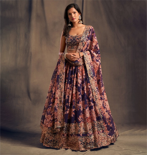 Purple & Pink Embroidered Sequinned Shibori Semi-Stitched Lehenga & Unstitched Blouse With Dupatta